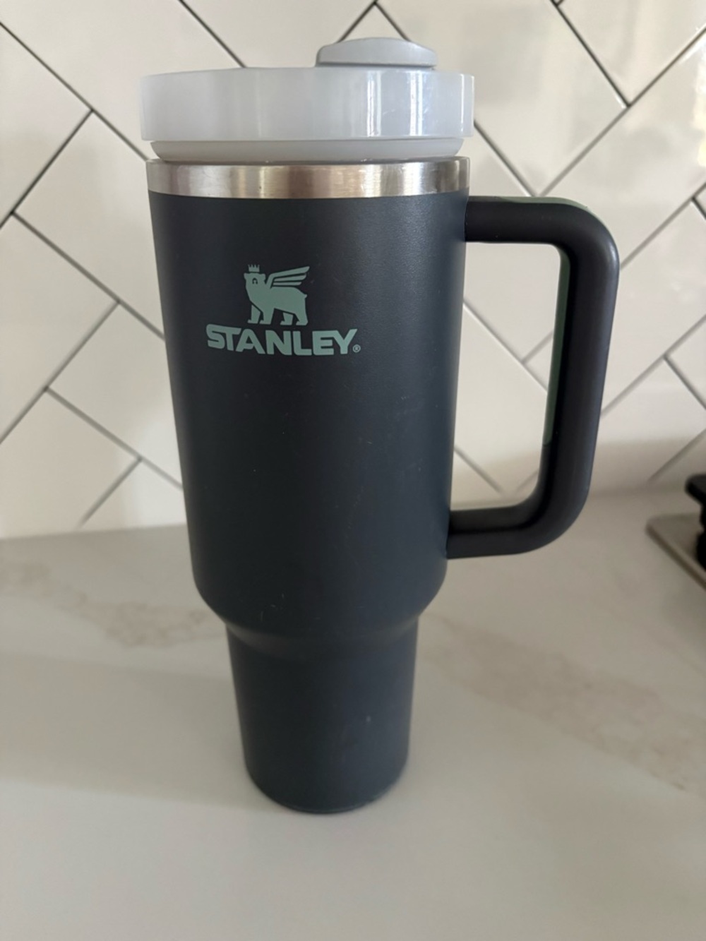 Stanley Dark Gray Travel Mug with Mint Logo and White Lid
